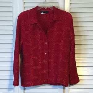 Chic Red Textured Short Sleeve Women's Top & Jacket Set